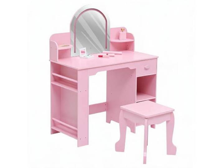 Acekool Kinder-Schminktisch mit LED-Beleuchtung, 3 Jahren – Farbe: Pink 1 Schublade, 2 offenen Ablagen & Hocker – Rosa Prinzessinnen-Tisch für Mädchen ab