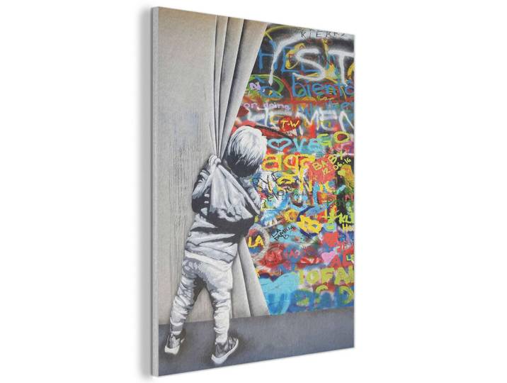 MuchoWow Akustikbild - Graffiti - Junge - Ilussie - Straßenkunst - 70x100, Hellgrau, Kunststoff, Rechteckig, 70x100x0.9 cm, Wandverkleidung, Akustikpaneele