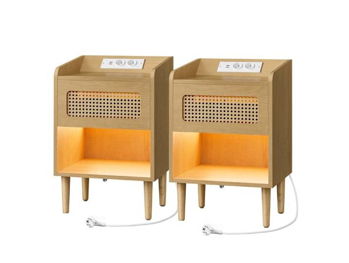 Chevet avec Éclairage à Détecteur de Mouvement Lot de 2 Multiprise et Détails en Rotin Style Bohème Beige