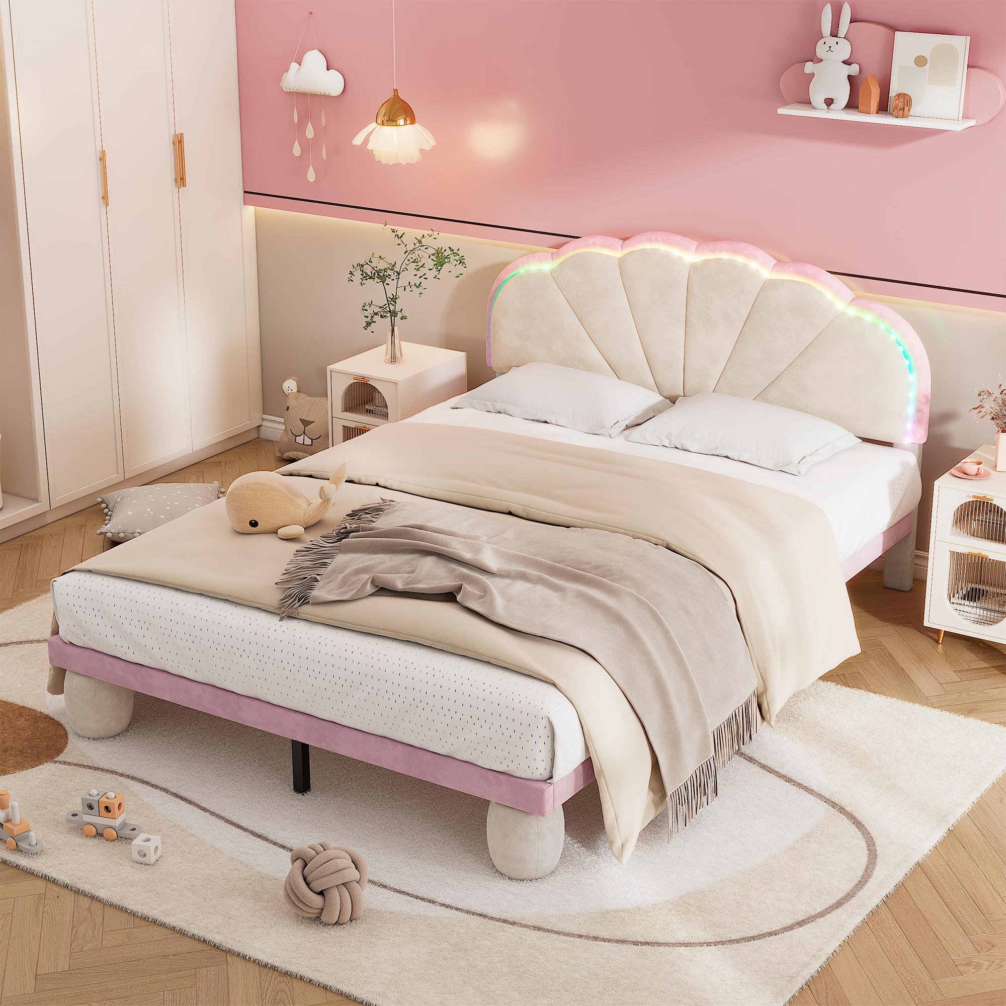 STILVORA Polsterbett 140x200 cm mit mehrfarbigen Lichtstreifen, Kinderbett mit runden Beinen und Holzlatten, Jugendbett mit Wellenschliff-Kopfteil