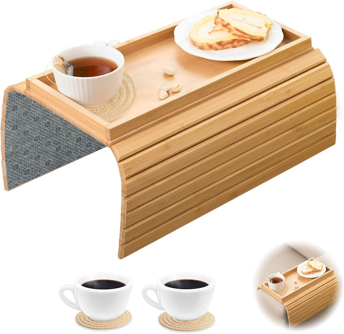 Vouwbare antislip armleuning tafel van bamboe met bekerhouders en snackschaal voor op de bank