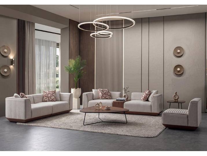 JVmoebel Wohnlandschaft Sofa Set hellbeige mit Holzsockel modern und geradlinig, 3 Teile, Made in Europa