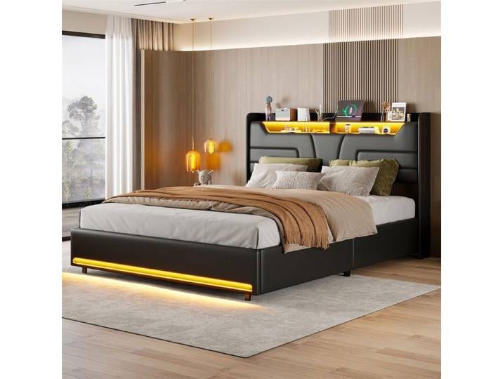 Lit coffre 160x200cm - Lit double 160x200cm - Lit rembourré avec tête de lit LED station de charge USB - Sans matelas