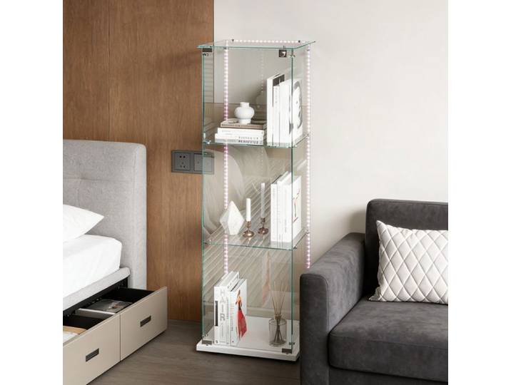Vitrine en verre LED 3 étagères avec serrure transparente pour vaisselier salon bibliothèque 123x40x35cm blanc