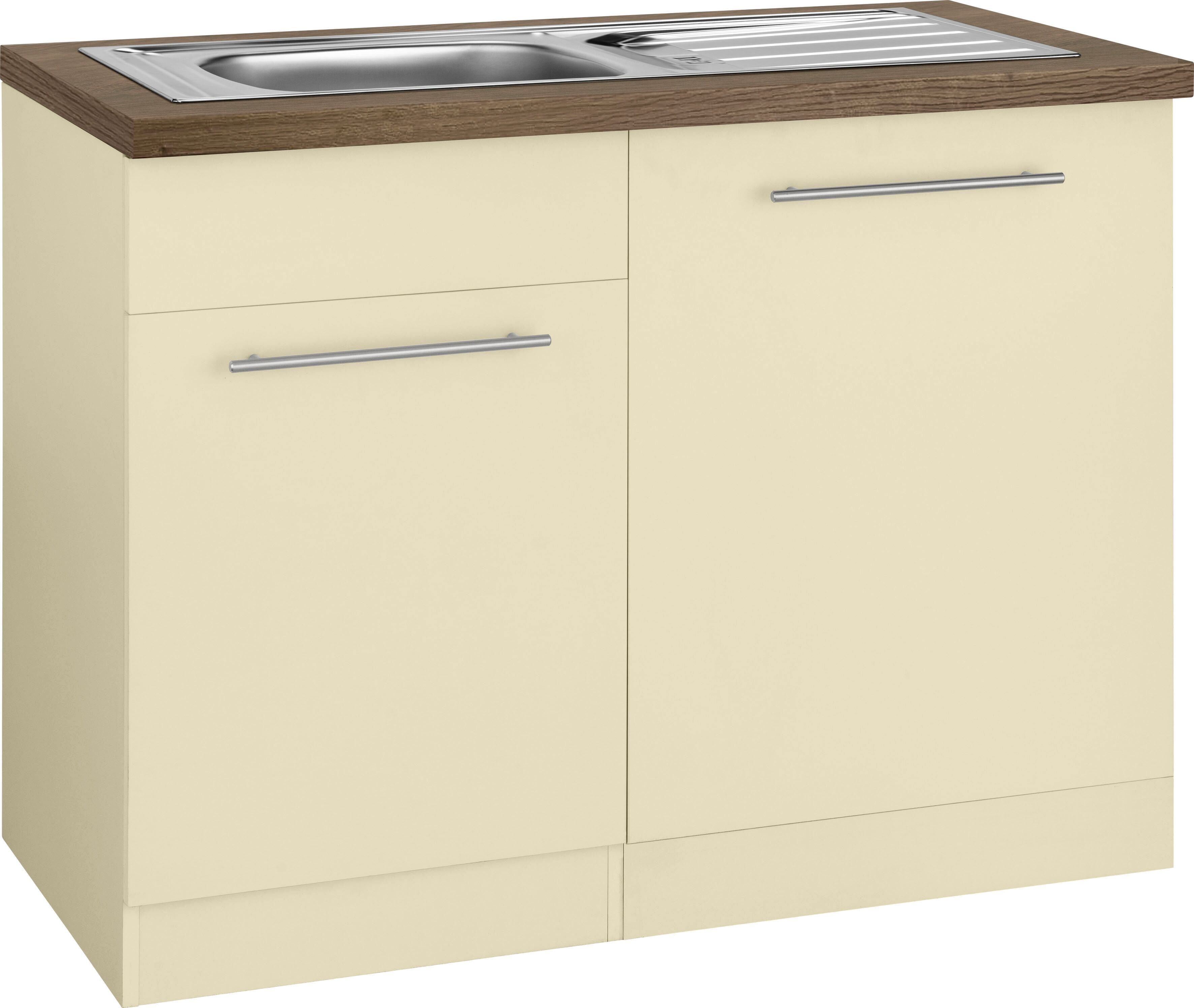 Spülenschrank WIHO KÜCHEN "Unna", beige (front und korpus: magnolia, arbeitsplatte: eiche tabak), B:110cm H:85cm T:60cm, Schränke, Spülenschrank, 110 cm breit, inkl. Tür/Sockel/Griff für Geschirrspüler front und korpus: magnolia, arbeitsplatte: eiche taba