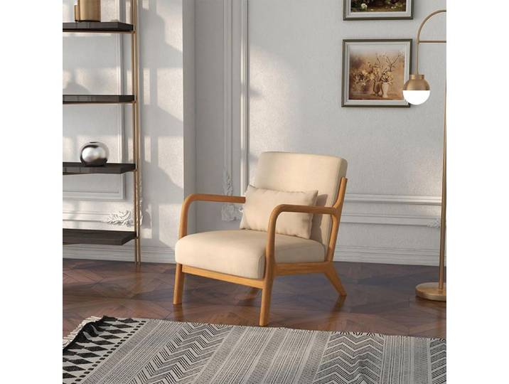 Fauteuil lounge - Hévéa - Velours beige - Assise profonde - 3 coussins inclus