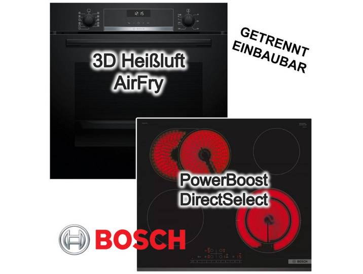 BOSCH Backofen-Set Backofen AirFry 3DHeißluft Hydrolyse +Elektrokochfeld Boost Bräterzone, Hydrolyse EcoClean Direct