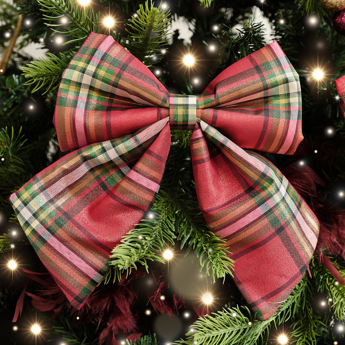 Set of 2 Green & Red Tartan Decorative Bow - 24cm Fabric