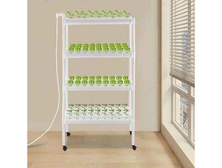 Kit de système de culture hydroponique à 4 couches avec minuterie de pompe à eau, systèmes de culture de plantes sans terre à 12 Tubes avec roues universelles
