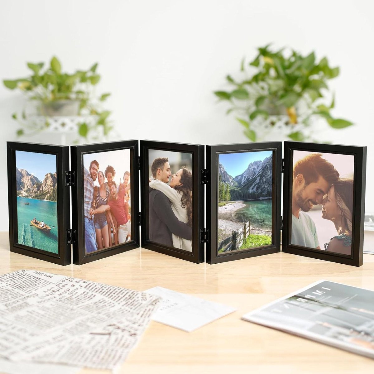 Houten Collage Fotolijst met Uniek Vouwbaar Ontwerp voor 5 Foto's in Houtkleur