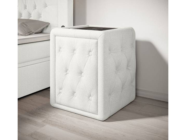 Designer Nachttisch Josy Charge in Bouclé - Weiß - Luxusbetten24