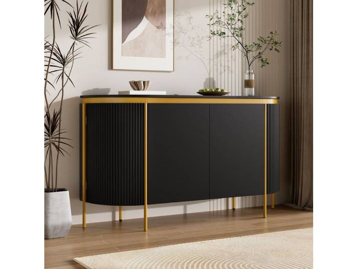 Modenuit Buffet bas ovale 140 cm 4 portes MDF noir pieds métal et détails dorés