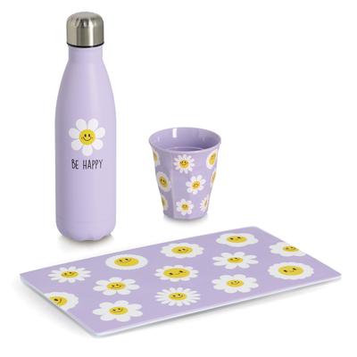 Trinkflasche ZELLER PRESENT "Geschenkset: Trinkflasche", flieder, H:26,5cm, Edelstahl, Trinkflaschen, Trinkflasche, Trinkbecher und Frühstücksbrettchen sind spülmaschinenfest