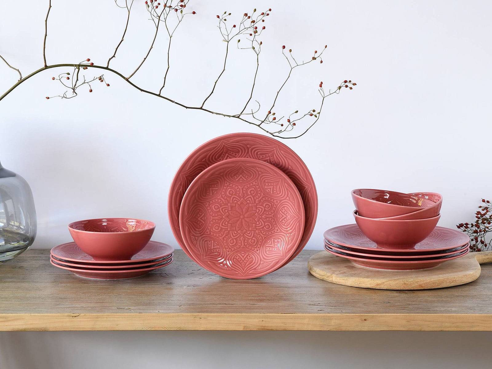 CreaTable Orient Mandala 12-delige porseleinen serviesset rood met bloemenmotief
