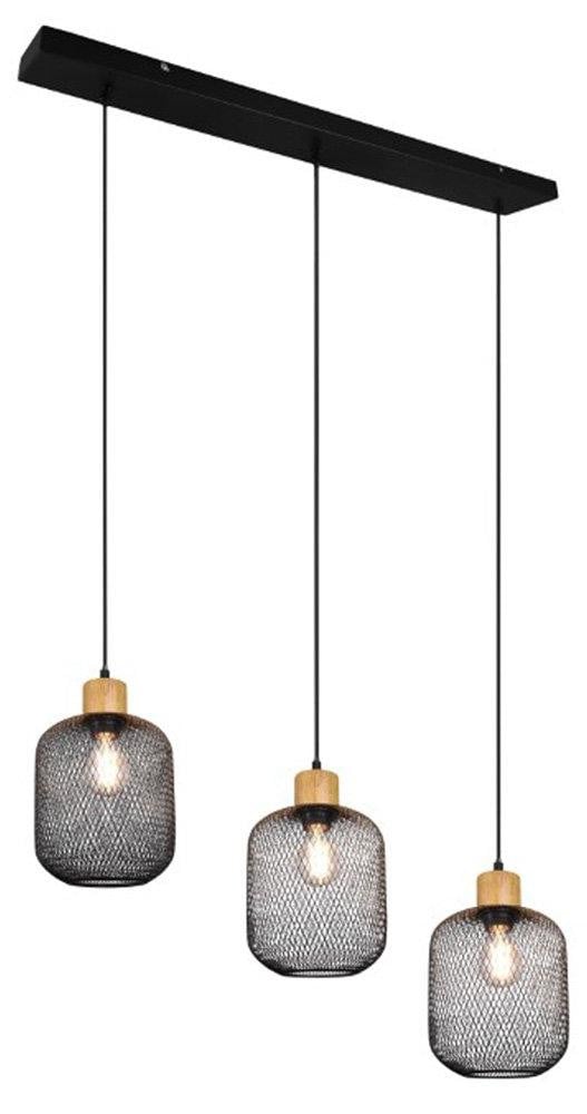 TRIO Calimero Landelijke Hanglamp 3-lichts zwart en bruin met hout en metaal