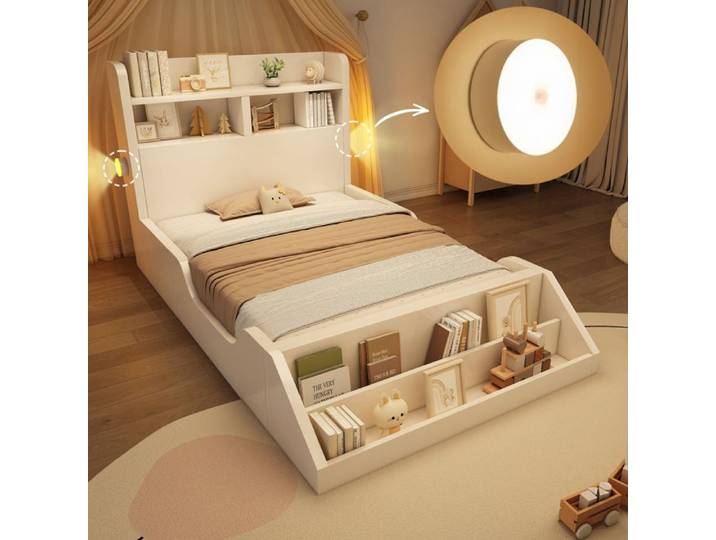 Lit simple en bois - 90x200 cm - Blanc - Étagères intégrées - Veilleuses réglables - Étagère à livres amovible