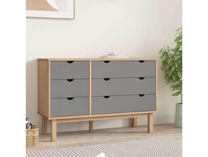 KFPOERTFGD Schubladenschrank OTTA 111x43x73,5 cm aus massivem Kiefernholz, Kommode mit 6 Schubladen im skandinavischen Stil, braun & grau