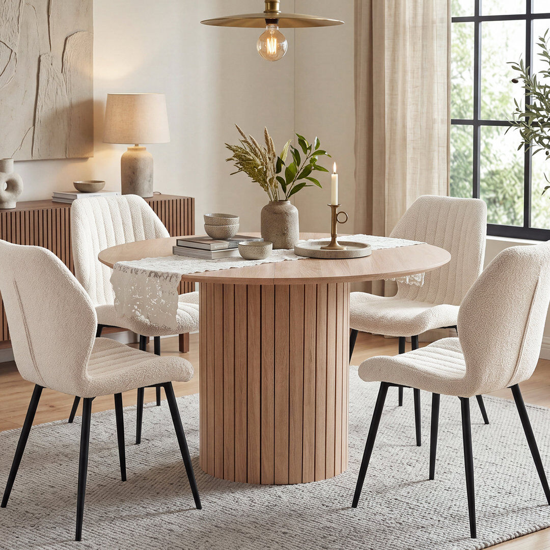 George Oliver 120cm Round Dining Table for 4-6, Fluted Pedestal Light brown