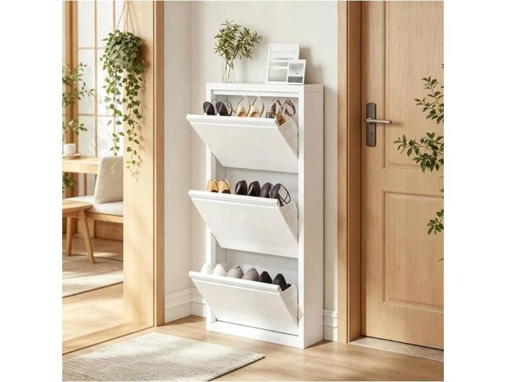 VUENOR Meuble à chaussures étroit 50 x 15 x 106 cm blanc – 3 abattants métal prémonté pour entrée