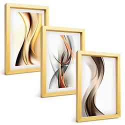 BILDER SET 3er Set - 20x30 cm Goldrahmen - Gelbgrau-braune Wellen