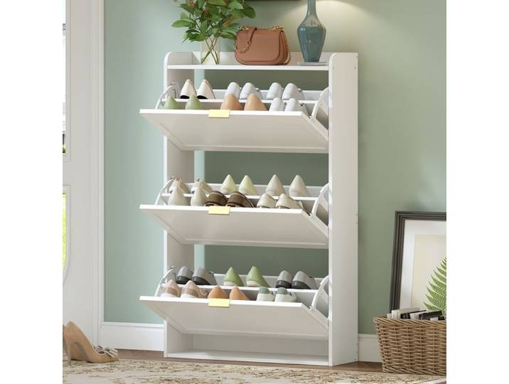 Meuble Chaussure Entree Armoire à Chaussures étroite avec 3 Tiroirs Rabattables pour Couloir Entrée Salon 76x23x118 cm Blanc