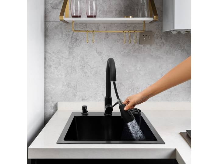 Évier de cuisine avec robinet extractible, évier de cuisine multifonctionnel, rince-gobelets, noir