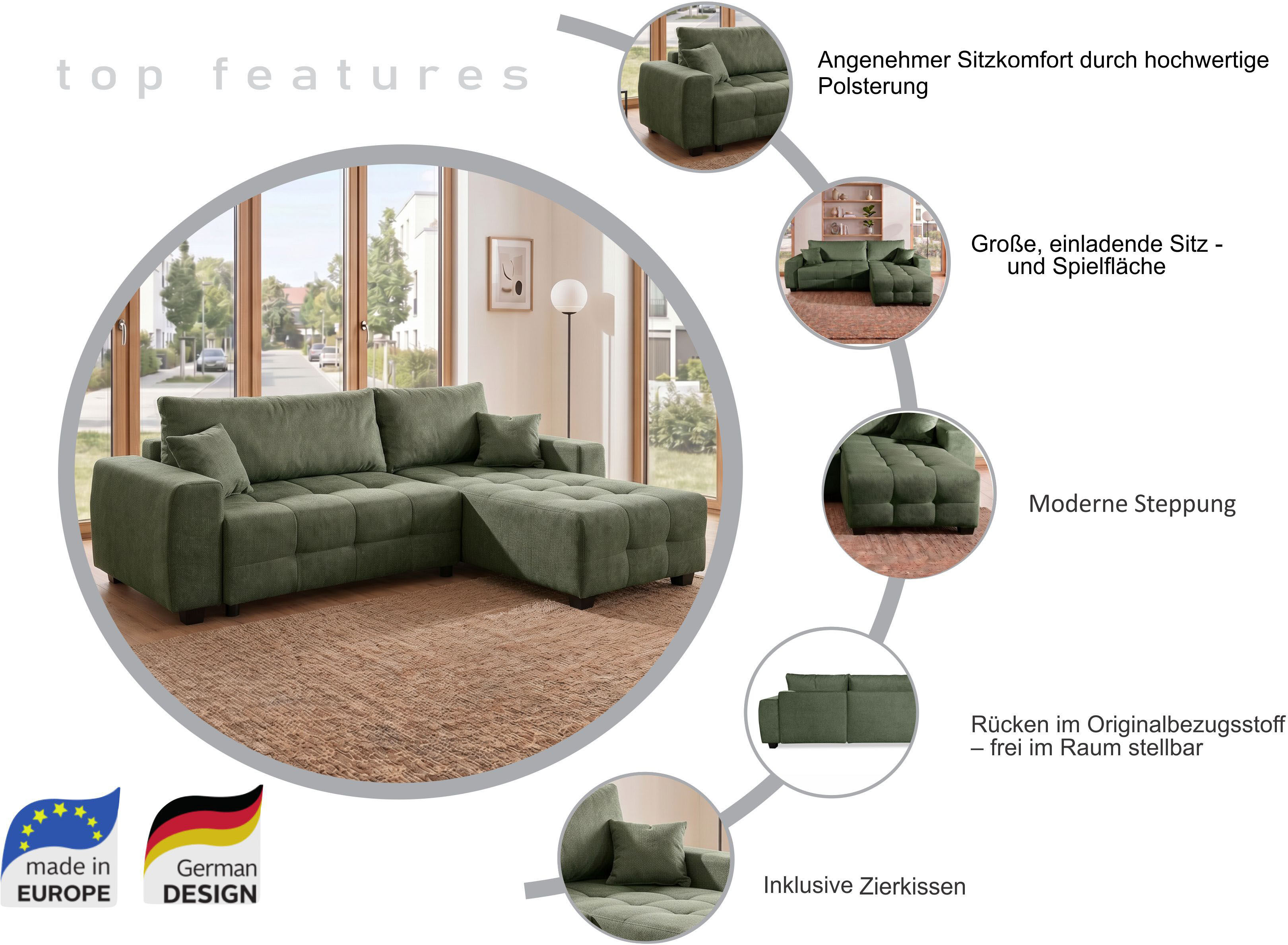 Ecksofa OTTO HOME "Bella Couch L-Form, B: 234 cm, Zierkissen inklusive", beige, B:234cm H:87cm T:162cm, 100%Polyester, Sofas, Ecksofa, optional Schlaffunktion & Bettkasten, Wohnkomfort
