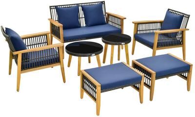 Costway 7 Piece Outdoor Conversation Set with Stable Acacia Wood Frame Cozy Seat & Back Cushions-Navy