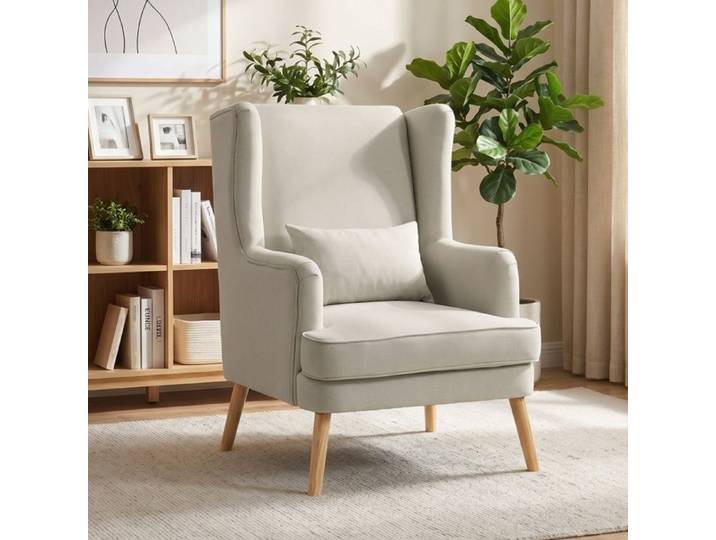 WUVRIE Fauteuil bergère en tissu effet lin dossier haut coussin lombaire beige pieds en bois