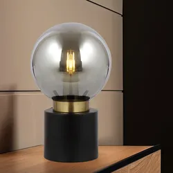 Tischlampe Schwarz Tischleuchte Wohnzimmerlampe messing Nachttischlampe Schlafzimmerleuchte, Rauchglas, 1x E14 Fassung, DxH 15x24,5 cm