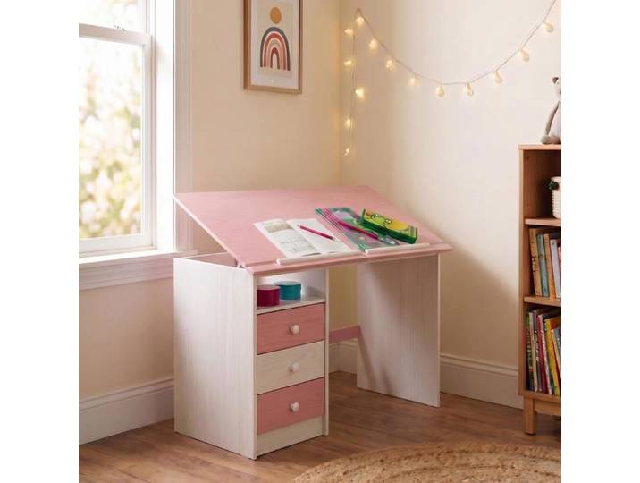 Bureau enfant écolier junior KEVIN pupitre inclinable avec 3 tiroirs 1 casier en pin massif lasuré blanc et rose