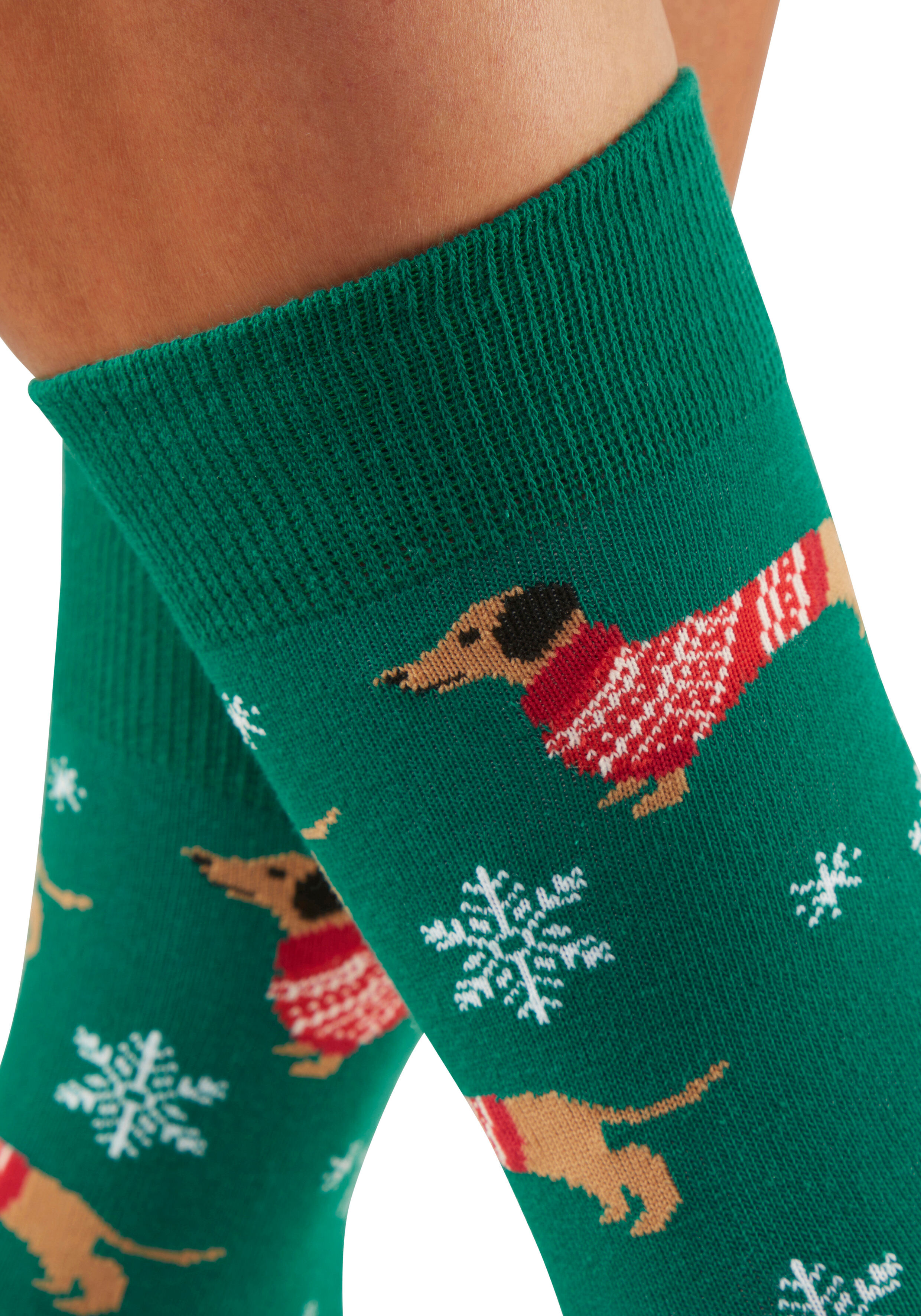 Freizeitsocken LASCANA "Damen Weihnachtssocken Dackel", Damen, Gr. 35-38, Sockengrösse, 1x grün, 1x ecru, Baumwollmischung, elastisch, Socken Freizeitsocken, mit festlichen Dackelmotiven 1x grün, 1x ecru 35-38, Sockengrösse