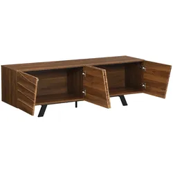 MODFU TV Lowboard 160x39x51 cm Walnussfarben mit Wellenfront, großem Stauraum, Kabelmanagement und schwarzen Eisenbeinen, modernes Design