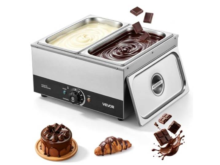 VEVOR Fondoir à Chocolat au Bain Marie\, 2 Cuves\, 1200 W\, Capacité 8\,2 kg Pour Beurre Fromage Lait Sauces Chocolaterie\, Usage Professionnel\, Chauffe Chocolat avec Température 30-85 °C\, Corps en Inox