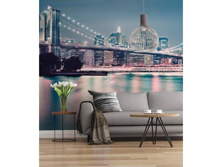 Komar Vlies Fototapete NEON 300x250 cm Tapete, Wand Dekoration, New York, Manhattan, Brooklyn Bridge, Schlafzimmer, Wohnzimmer 731-DV3