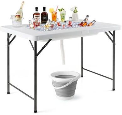 Costway 4 Feet Folding Ice Bin Table with Skirt for Camping Picnic Wedding with Ice Bucket-White
