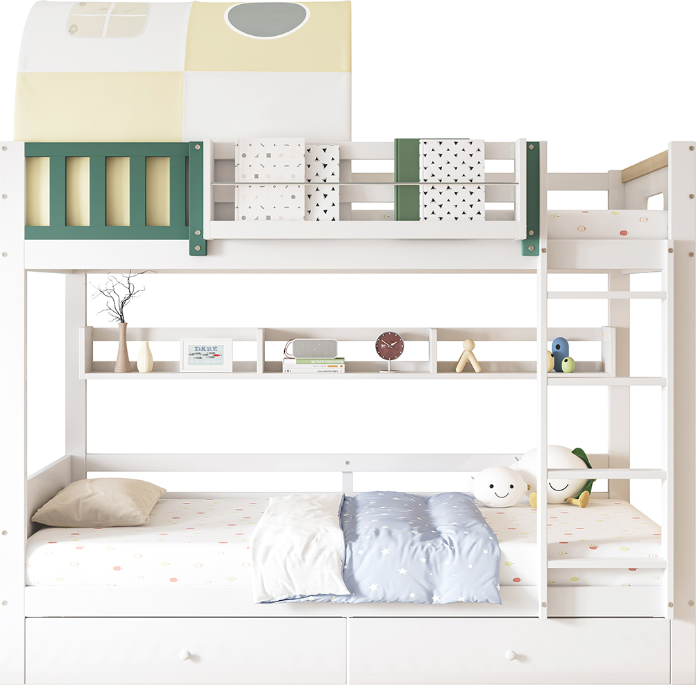 Etagenbett mit kleinem Zelt Fallschutz und Gitter Vierstufiger Leiter Schubladen Kinderbett Hausbett Jugendbett Doppelbett 90x200cm Weiß