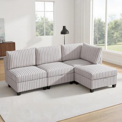 Loedds 4-Seat Modular Polyester Sleeper Sectional Sofa with Convertible Design for Living Room, Blue and White Stripes