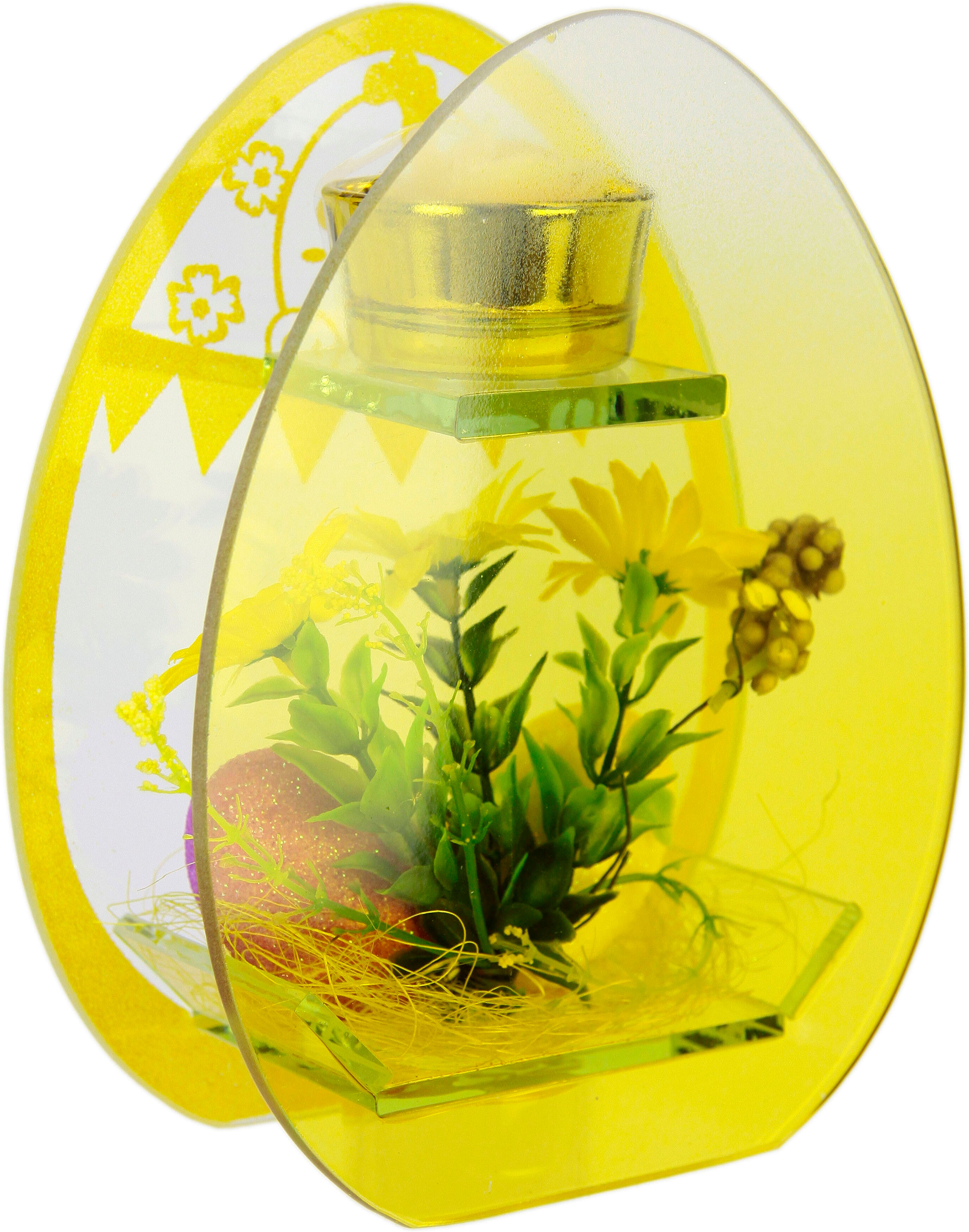 Teelichthalter I.GE.A. "Dekoriert", gelb, B:14cm H:18cm, Glas, Kunststoff, Wachs, Kerzenhalter, Teelichthalter, Mit Oster-Eier 2er Set Kunstblumen Glaseinsatz Kerzen Osterdeko 3D gelb B/H/T: 14cm x 18cm