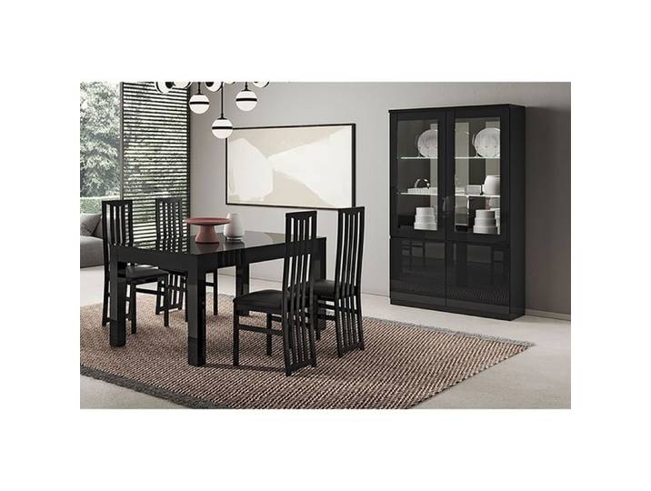 DEYTON - Ensemble Séjour Laqué Noir Table 190cm + Vitrine avec Leds