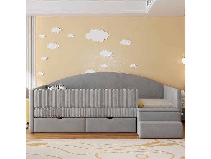 KOMHTOM Lit rembourré convertible Lit multifonctionnel 90x190 cm en tissu velours avec deux tiroirs Clôtures et marches
