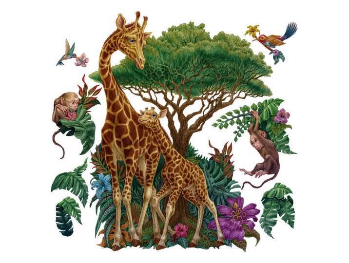Wallfluent Wandaufkleber 80x119cm - Wildtiere Vegetation, Mehrfarbig, Kunststoff, Rechteckig, 80x119x0.1 cm, Tapeten & Wandverkleidungen, Wandtattoos & Sticker, Wandtattoos