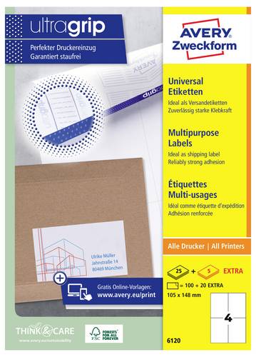 Avery-Zweckform 6120 Universal-Etiketten 105 x 148mm Papier Weiß 120 St. Permanent haftend Tintenstrahldrucker, Laserdrucker