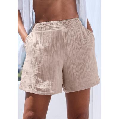 Webshorts BEACHTIME BY LASCANA "aus sommerlicher Musselinware", Damen, Gr. 40, N-Gr, beige (taupe), Web, Obermaterial: 100% Baumwolle, unifarben, figurumspielend ca. Mitte Oberschenkel, Hosen, leichte Strandshorts, Sommerhose, Schlupfhose