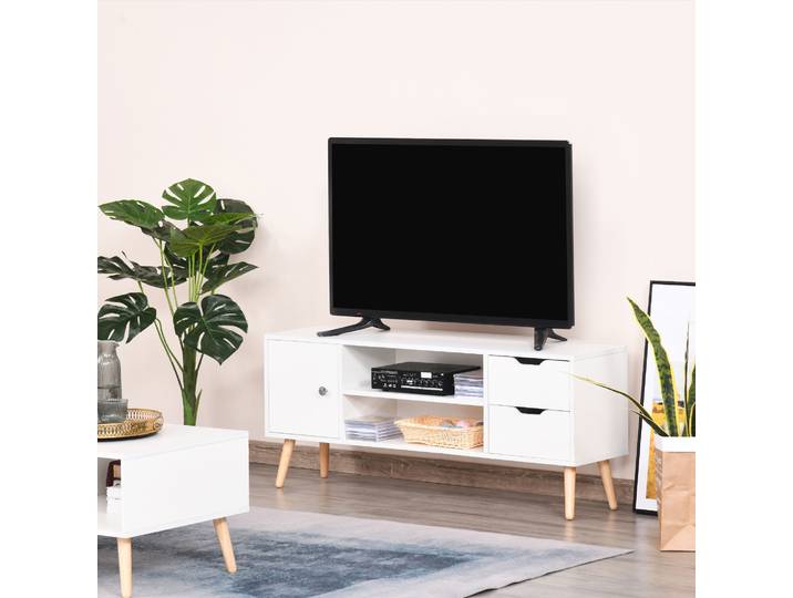 HOMCOM Banc TV Scandinave Blanc Bois Pin 2 Tiroirs