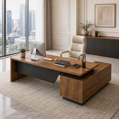WESOME Retractable L-Shaped Executive Desk with Cable Management Drawers and Lateral File Cabinet