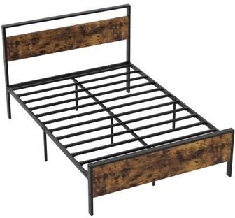 Costway Full Metal Bed Frame Industrial Platform Bed with Wooden Headboard-Full Size