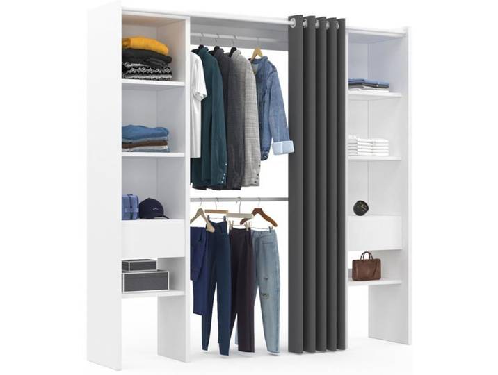 IDMarket Dressing extensible MERYL 120/180x50x180 cm Blanc et Gris avec étagères penderie double et rideau