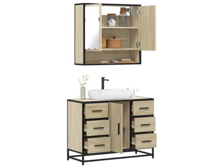 HWKQEQRF 2-TLG. Badmöbel-Set Sonoma-Eiche Holzwerkstoff Waschbeckenunterschrank mit Öffnung oben, Lowboard mit Metallgestell, Spiegelschrank zur Wandmontage, Stauraum, Sonoma-Eiche