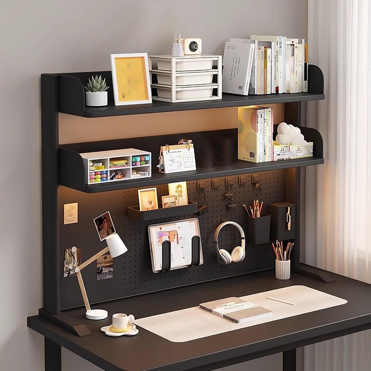 Zwarte Bureaublad Boekenplank en Organizer met Pegboard, Breedte: 100 cm